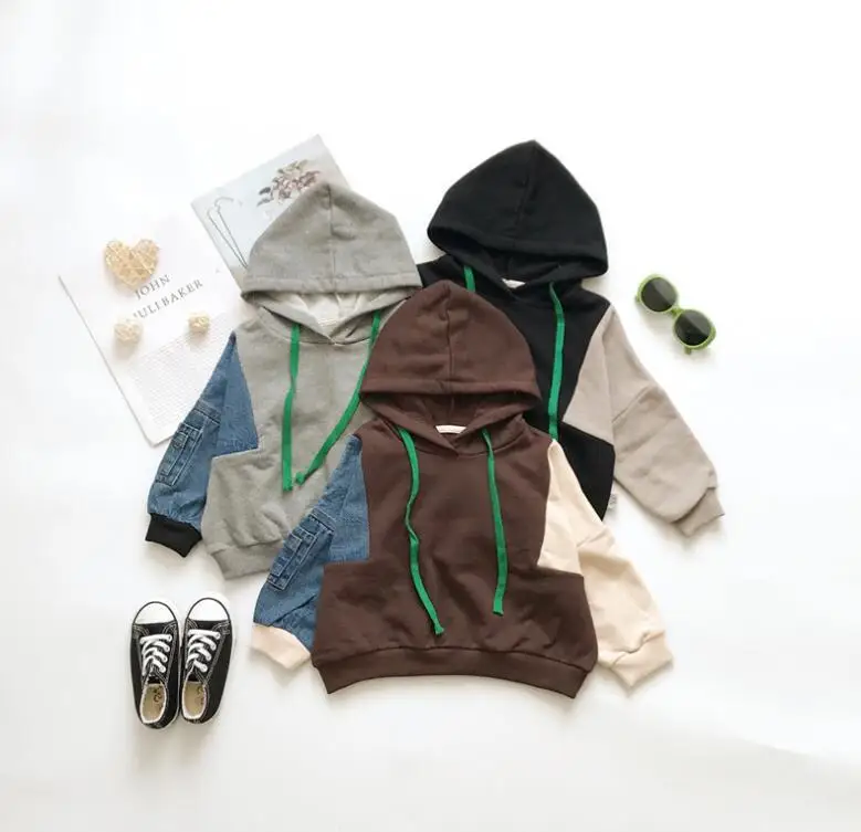 

2019 New Arrival Boys Girls Hooded Sweatshirt Patchwork Long Sleeve Fashion Autumn Kids Top Tees 1-6 years