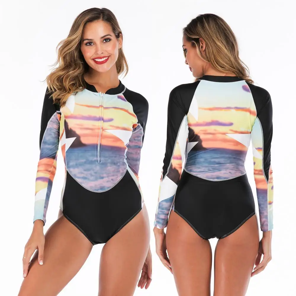 Long sleeve swimsuit women's sexy bikini show thin color block print swimwear | Женская одежда