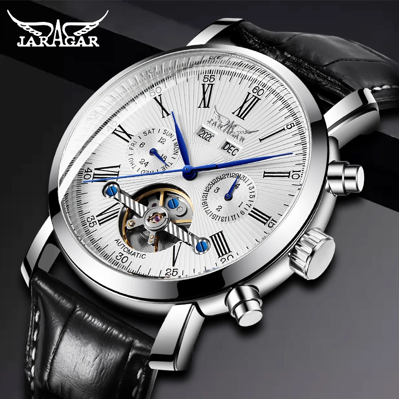 

JARAGAR Black Full Calendar Tourbillion Display Leather Fashion Casual Mens Mechanical Automatic Watch Top Brand Luxury Clock