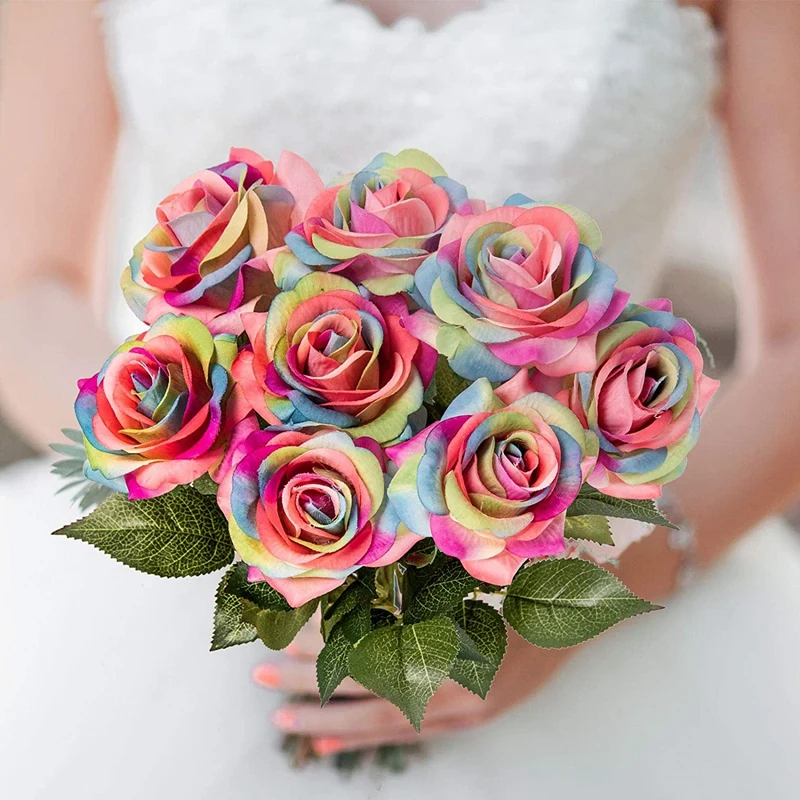 WEDDINGS MULTI COLOURED SILK ROSE BUTTONHOLE ARTIFICIAL FLOWER RAINBOW 