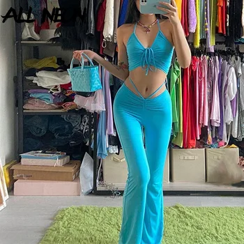 ALL Neon Blue Co-ord Suits Fashion Drawstring Halter 1