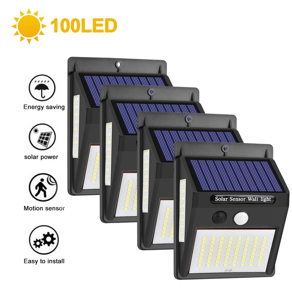 4pcs 100LED 100LED Солнечный светильник Открытый солнечный светильник PIR датчик движения настенный светильник водонепроницаемый солнечный светильник s для украшения сада - Испускаемый цвет: 4pcs 100LED