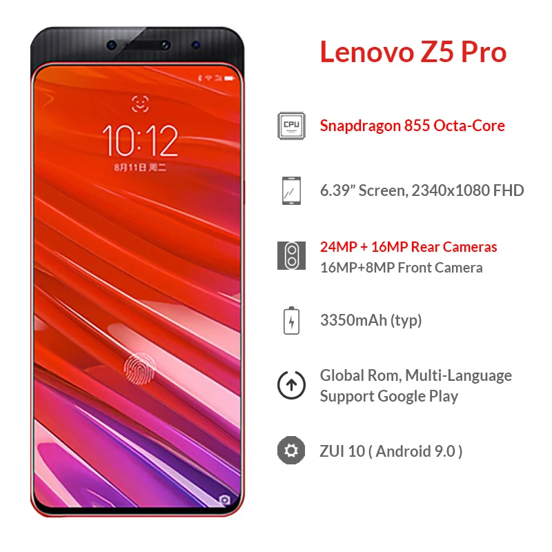 Смартфон lenovo Z5 Pro GT Snapdragon 855 с глобальной прошивкой, 8 Гб ОЗУ, 256 Гб ПЗУ, 6,39 дюйма, встроенный экран, сканер отпечатков пальцев, Android, 24 МП камеры NFC