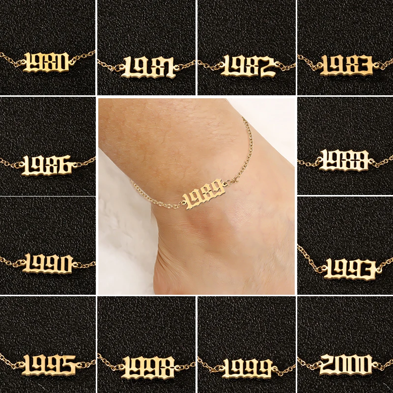 Браслет на лодыжку женский из нержавеющей стали браслет ногу с цифрами от 1980 до