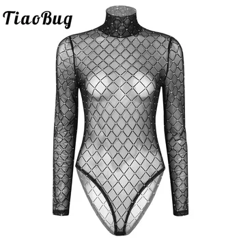 

TiaoBug Women See Through Sheer Fishnet or Rhombic Mesh High Neck Long Sleeve Teddies Sexy Bodysuit Rave Party Nightclub Costume