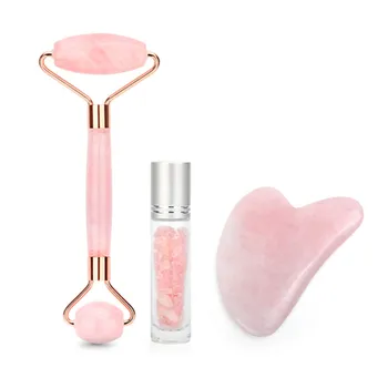 

Face Lifting Massage Tool Pink/Green Natural Rose Quartz Jade Roller Gua Sha Board Facial Guasha Massage Gemstone Bottle Kit