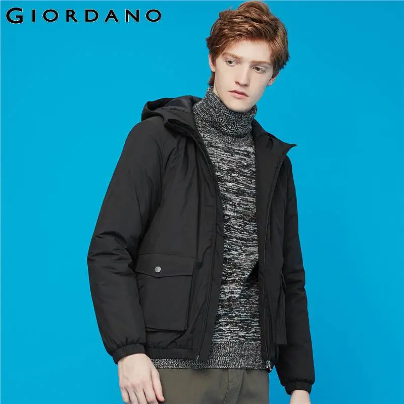 Giordano мужская теплая куртка с капюшоном и накладными карманами, выполнена в двух цветах