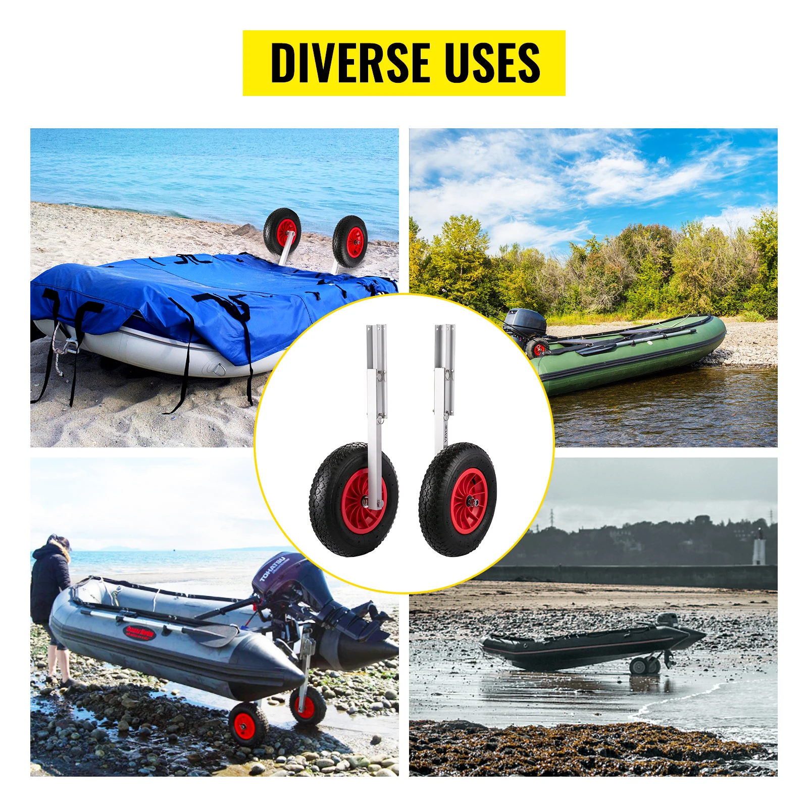 VEVOR 2PCS Inflatable Boat Launching Wheel 136 KG Weight Load Capacity Aluminum Frame 38CM Diameter Rubber Tire
