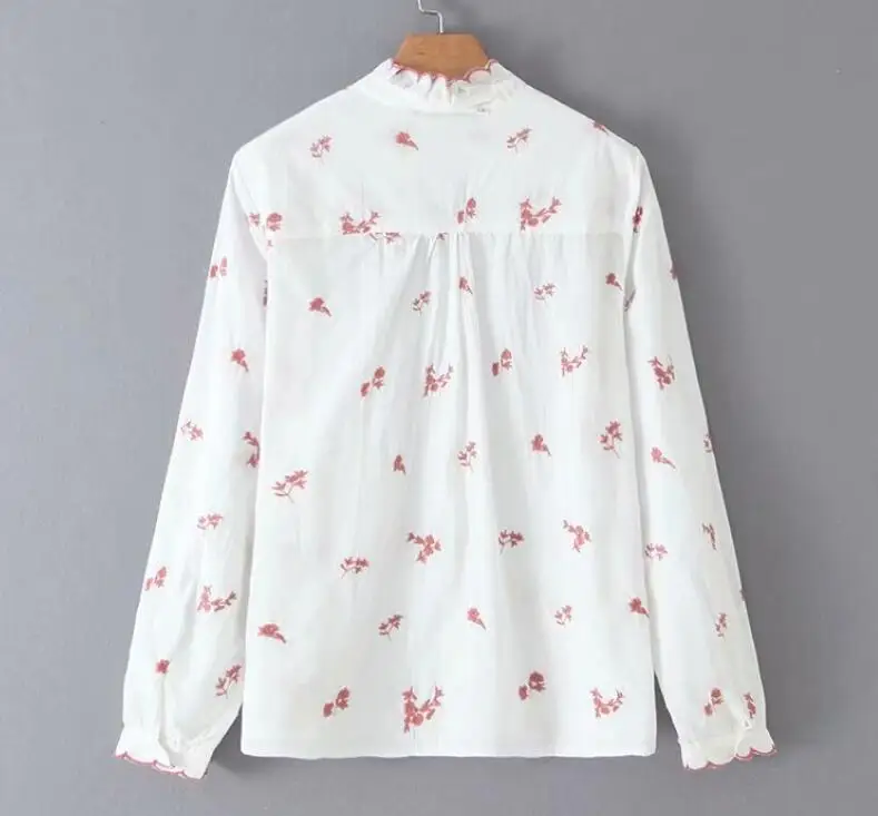  2019 Women White Red Wave Line Flower Embroidered Shirt Vintage Long Sleeve Lapel Buttons Slim Ruff