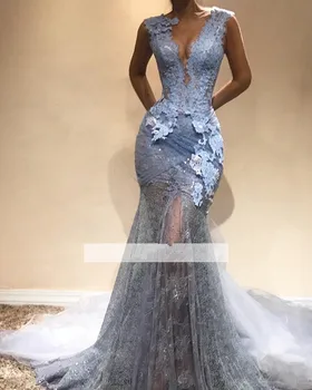 

Silver Muslim Evening Dresses Mermaid V-neck Tulle Appliques Lace Islamic Dubai Saudi Arabia Long Evening Gown Prom Dress