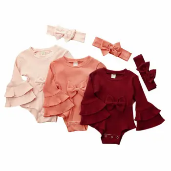 

2PCS Newborn Baby Girl Bodysuits Winter Knitted Clothes Set Ruffles Flare Sleeve Solid Jumpsuits Headband Outfits