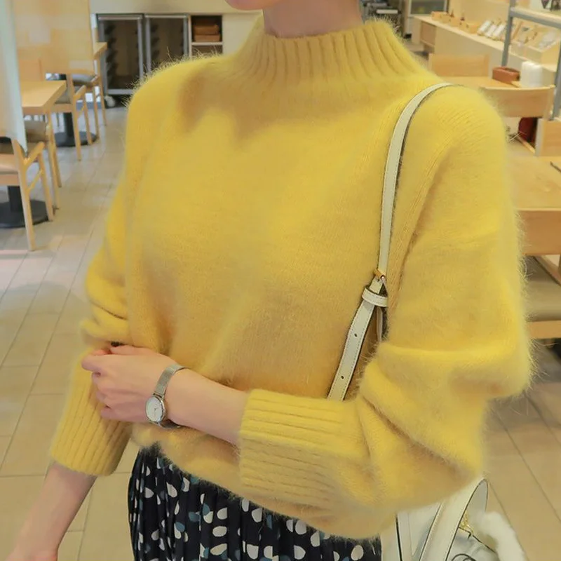 

2019 Winter New Fashion Thickened Warm Turtleneck Mohair Female Sweater Lantern Sleeve Casual Solid Color Slim Simple Pullover
