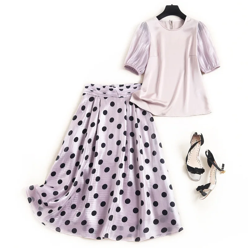 

Prairie Chic 2 Piece Set Women O-Neck Pullover + Polka Dot Print Skirts Zipper Fly Mid-Calf 2 Piece Sets Womens Outfits