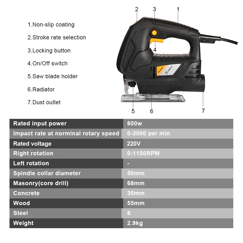 DEKO New Jig Saw Variable Speed Electric Saw with 1 Piece Blades/1 Metal Ruler/2 Carbon Brushes/1 Allen Wrench Jigsaw Po