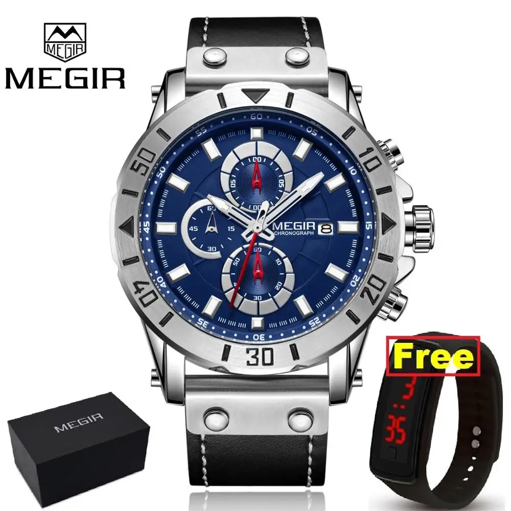 Хронограф Кварцевые часы для мужчин лучший бренд класса люкс MEGIR синие мужские спортивные наручные часы Relogio Masculino Montre Homme Hour Time - Цвет: BLUE-BOX GIFT