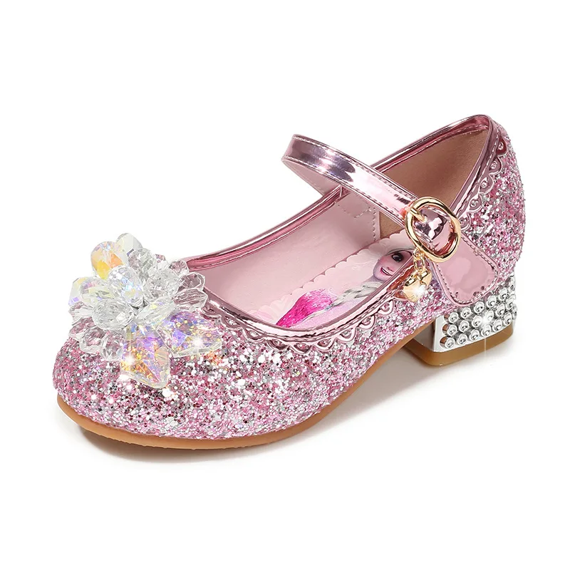 Children Princess Shoes for Girls Party High Heel Sandals Fashion Flower Kids Glitter Leather Shoes Butterfly Knot Dress Wedding