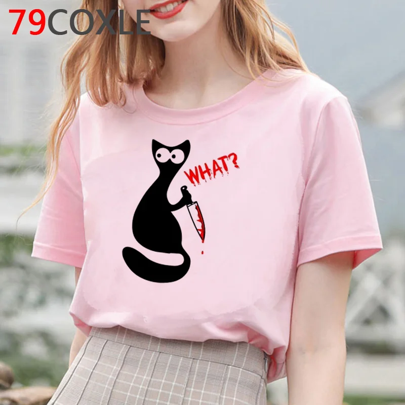Женская футболка с принтом Cat What в виде мультяшного кота ножом забавная