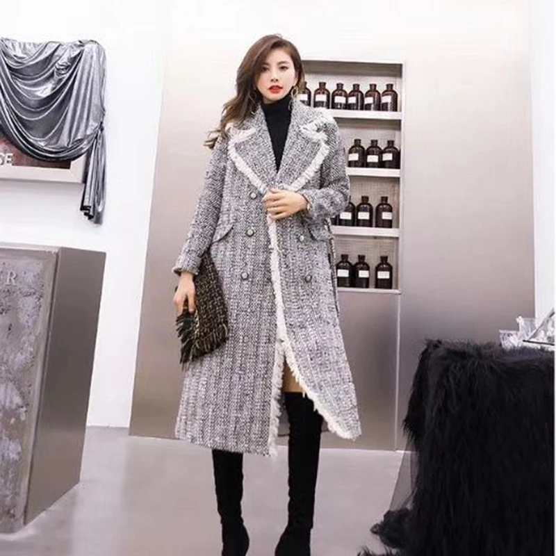 CHICEVER корейский твид хит цвет Женская куртка воротник с лацканами высокого пояса большой размер кисточкой повседневные пальто Женская мода