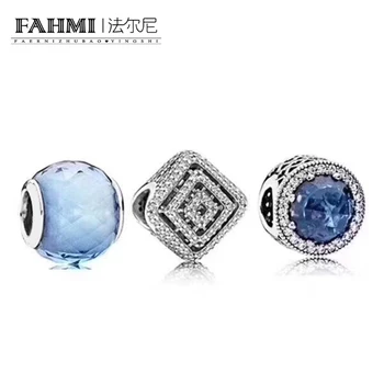 

FAHMI 100% 925 Sterling Silver Late Night Blue Radiant Heart Charm Glass Bead Set Noble Eternal Charming Luxury Gift Jewelry