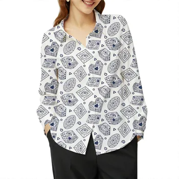 

Lychee Harajuku Heart Eyes Diamond Printed Women Shirt Full Print Asymmetrical Female Shirts Long Sleeve Spring Lady Tops
