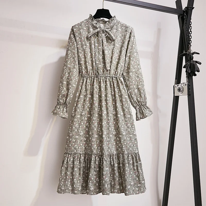 

Autumn Long Sleeve Women Dress Fashion Cute Party Bow Tie Collar Ruffles Hem Dress Female Vintage Floral Print Dresses Vestidos