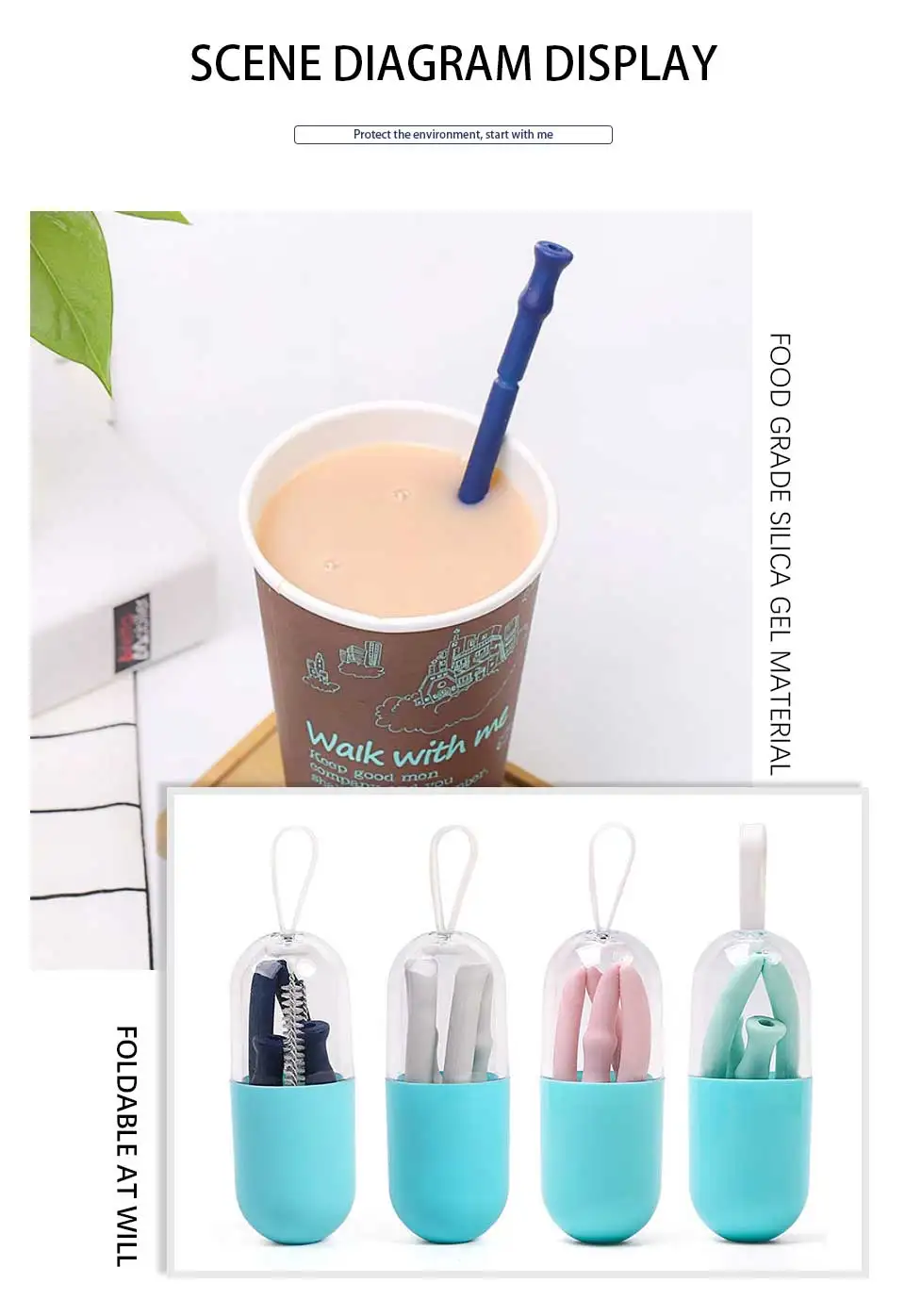 Collapsible Reusable Straw Foldable Silicone Straw Drinking Straws With Cleaning Brush Set for Travel Home Office Bar Drinks
