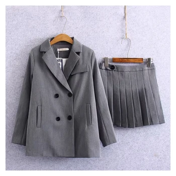 

girls Temperament England Style Solid Suit Blazer and Skirt Two Pieces Set High Waist Pleated Short Skirt Double-breasted Blazer