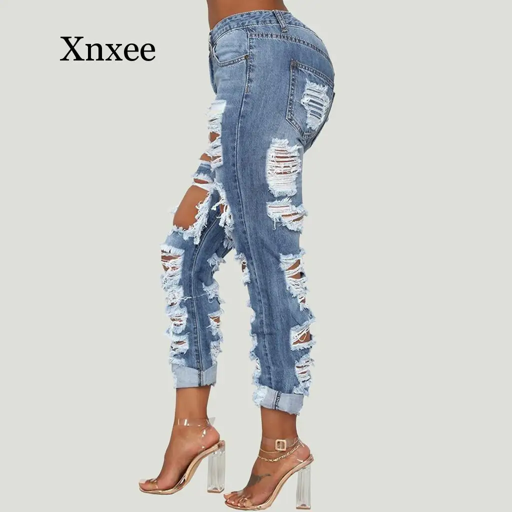 Sexy Hole Boyfriend Jeans Women High Waist Elastic Ripped Mom Jeans Streetwear Slim Denim Pencil Pants Ladies Skinny Trouser