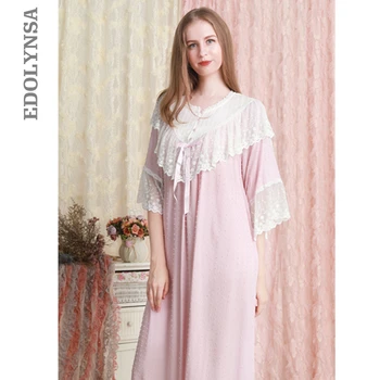 

2020 Lace Fashion Nighties Nightgown Women Round Neck Nightgowns Sleepwear Homewear Nightdress Length Dress Nightwear T572