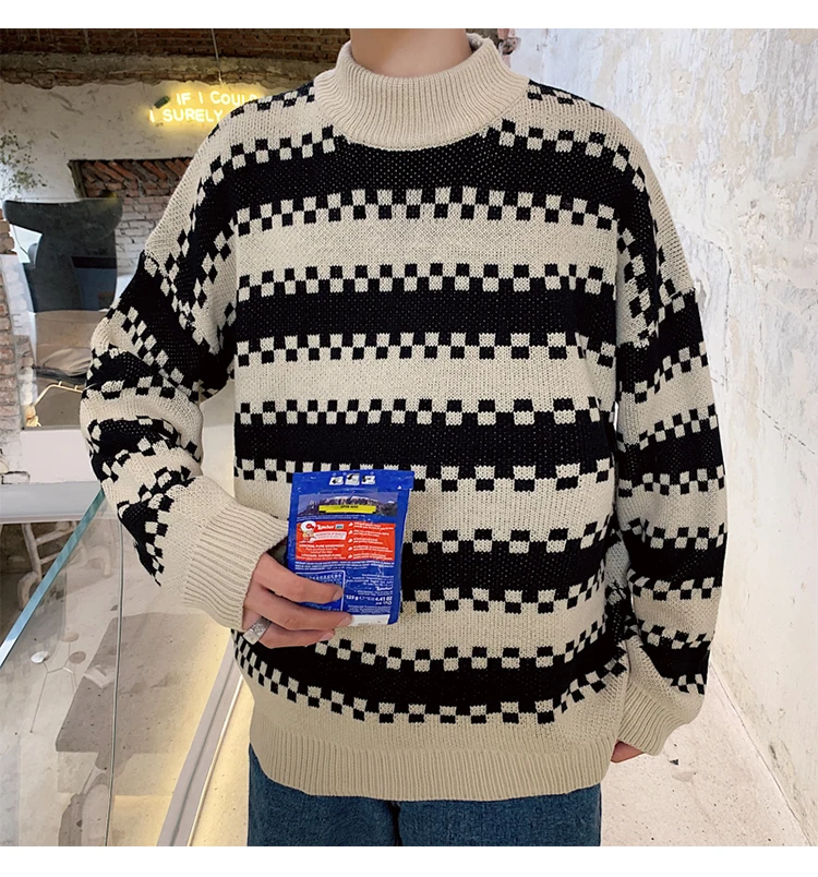 Winter Sweater Men Warm Fashion Contrast Color Casual Knit Sweater Man Sweter Clothes Loose Long-sleeved Pullover Male Clothes