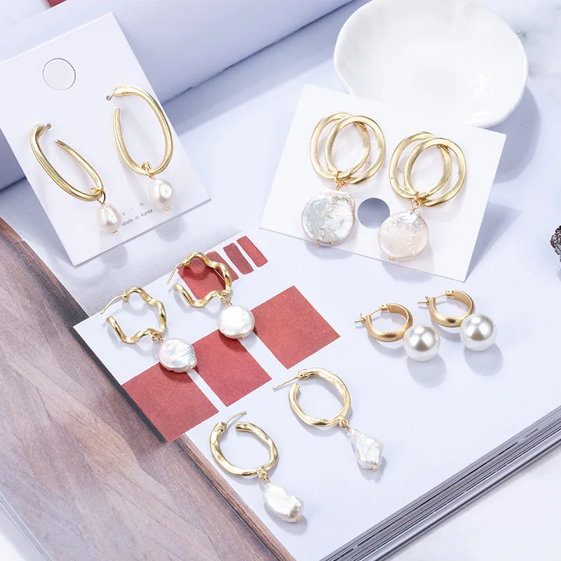 

2019 New Silver Needle Imitated Shell Pearl Geometric Irregular Metal Drop Earrings for Gir Women Fashion Jewelry Accessories