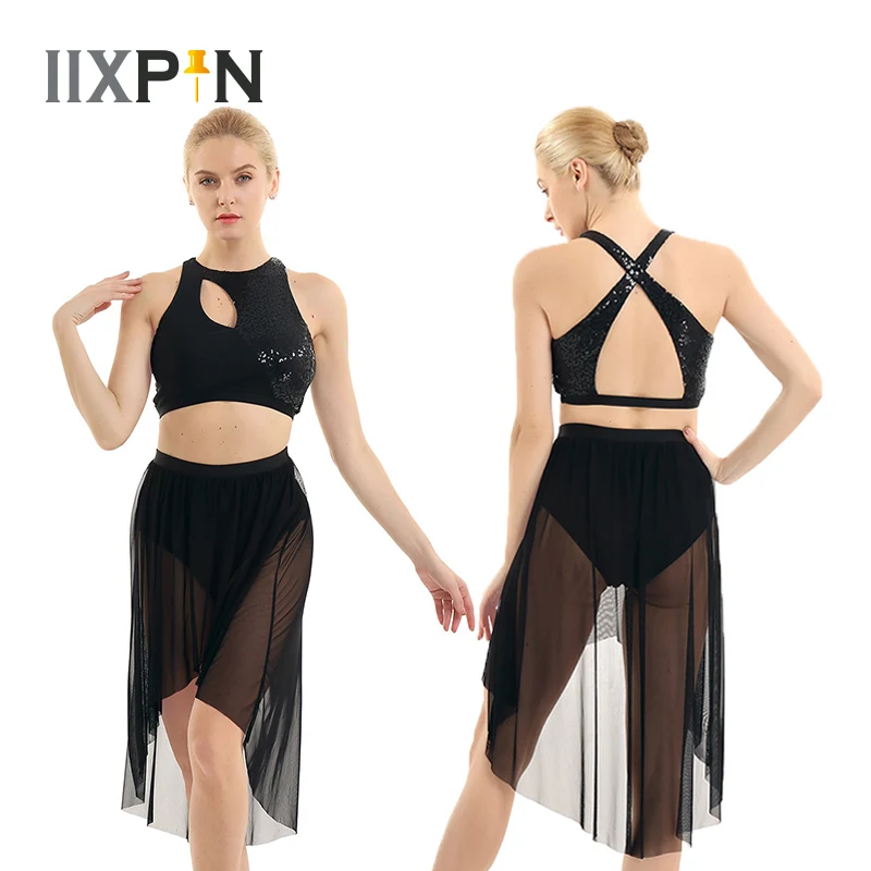 

Women Latin Dance Dress Lyrical Costume Outfits Asymmetrical Shiny Sequins Sleeveless Tank Crop Top with High-Low Mesh Skirt
