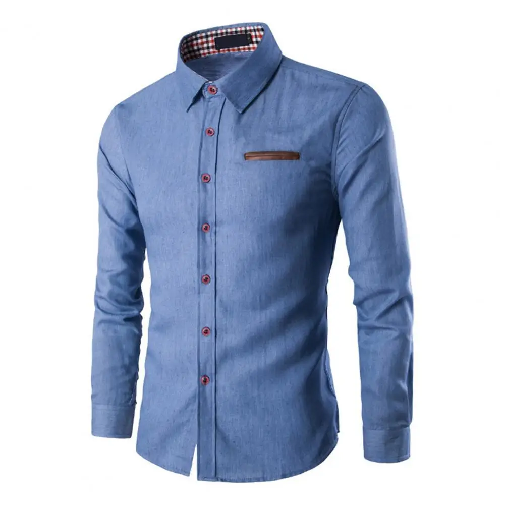 Men Solid Color Long Sleeve Jeans Shirts Breathable Casual Denim Top
