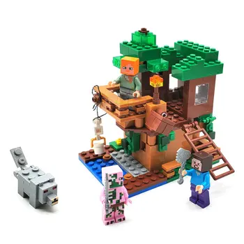 

The Tree House Small Version Building Blocks Sets With Steve Alex Wolf Pigman Action Figures Sets Toys For Gifts Kids