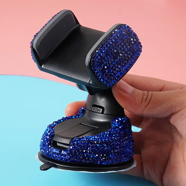 Crystal Rhinestones 360 Degree Car Phone Holder for Car Dashboard Auto Windows and Air Vent Universal Car Mobile Phone Holder blue