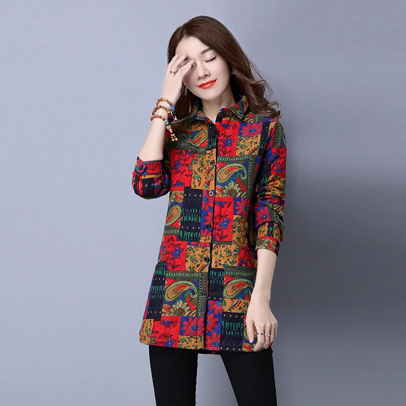 

Photo Shoot 2019 New Style Autumn And Winter Tops Thick Quilted Large Size Shirt Long Sleeve Cotton Linen Printed Coat Women's