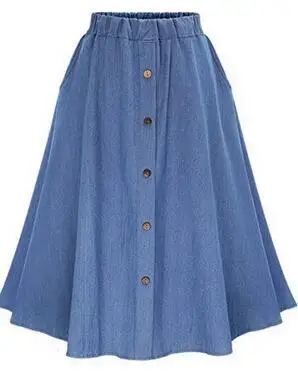 Размера плюс 5XL опрятный стильный джинсовый женский сплошной цвет длинная юбка Природа Талия Женский Большой подол Кнопка Джинсовая юбка DC779