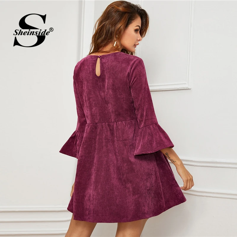 Sheinside, повседневное вельветовое платье с рукавом 3/4, для женщин,, осеннее платье трапециевидной формы с рукавами-воланами, Дамское Платье с пуговицами на спине