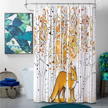 

Shower Curtains Black and White for Bathroom Hunting Decor,Fox Hunting in Autumn Forest Birch Trees Rustic Wilderness