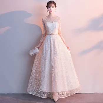 

Champagne Womens Wedding Party Dress V-Neck Embroidery Evening Cheongsam Floor-Length Elegant Qipao Long Gowns Vestido XS-XXL
