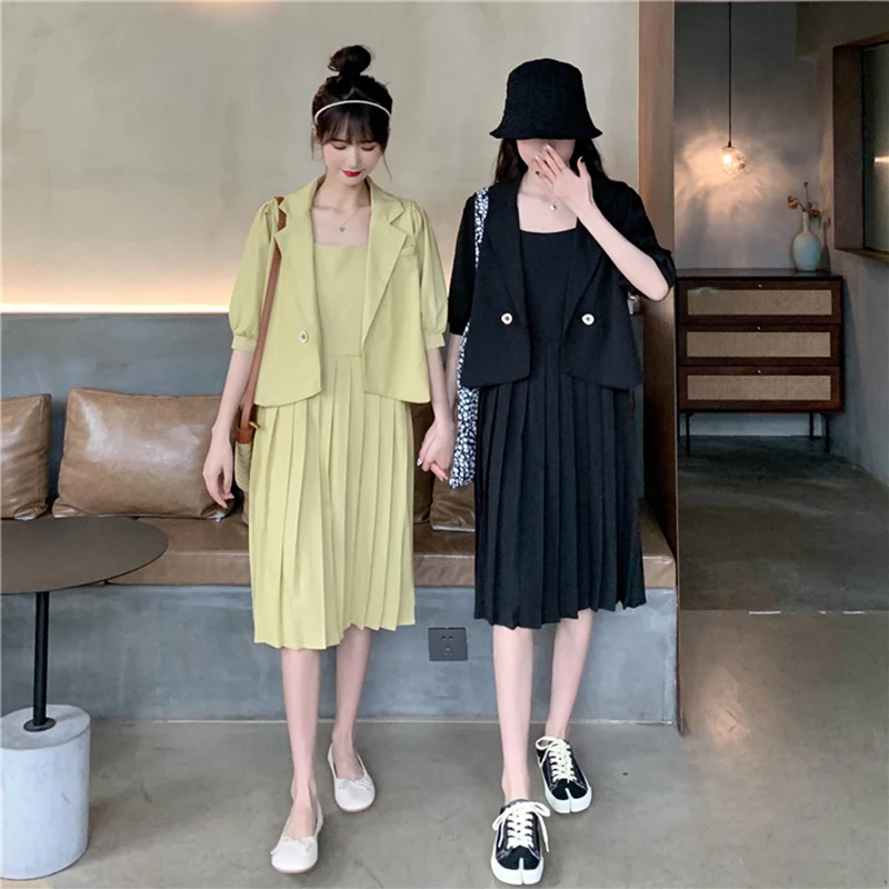 新 店舗 セクシーな2本セットstrplessプリーツドレスmid長さの袖ブレザーの女性21夏黒黄ファッション服cx1585 国内認定代理店 Ongoing Southloopmarket Com