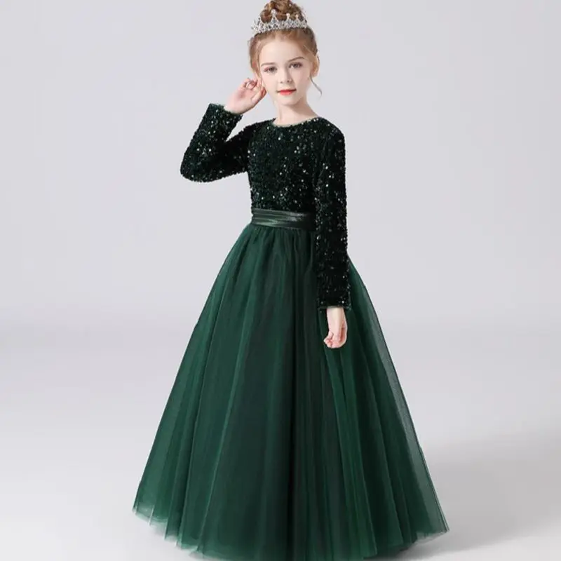 

Dideyttawl Sequin Tulle Long Sleeves Flower Girl Dresses Wedding Junior Bridesmaid Evening Party Dress For Girls Pageant Gown