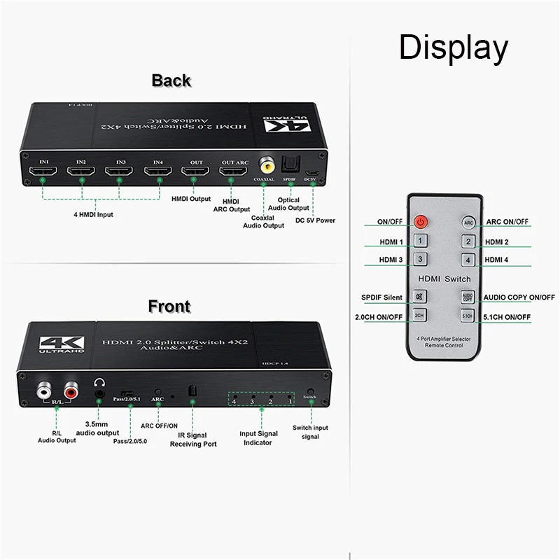 HDMI переключатель с пультом дистанционного управления 4K 60Hz коммутатор 4x2