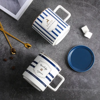

"Blue Stripes" Nordic Ceramic Mug with Lid Spoon Tea Milk Coffee Cup Home Office Mugcup Drinkware Waterware Gift
