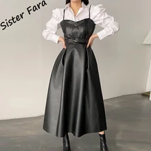 

Sister Fara Lapel Puff Sleeve Shirt+High Waist PU Leather Sleeveless Spaghetti Strap Dress Set Women Loose Casual Two Piece Suit