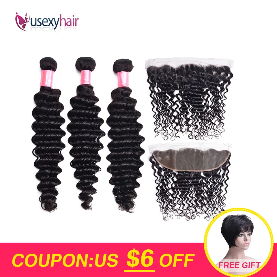 

USEXY HAIR Deep Wave 8''-26'' Middle Ration Peruvian Non-Remy Hair 3 Bundles With Frontal Natural Color Bundles With Frontal