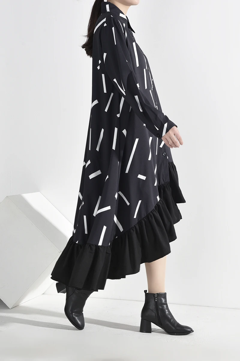 [EAM] женское ассиметричное длинное платье большого размера, новинка, с отворотом, с длинным рукавом, свободный крой, мода, весна-осень JI0420