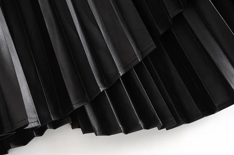 Black Faux Leather Pleated Skirt Streetwear Asymmetrical Midi Shirt With Belt Autumn Winter Vintage Elegant Office Skirt