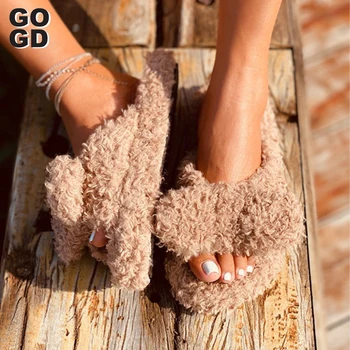 

[GOGD]Women Fur Slippers Ladies Shoes new Cute Plush Khaki Fluffy Sandals Women Fur Slippers 2020 Hot Winter Warm Slippers Women