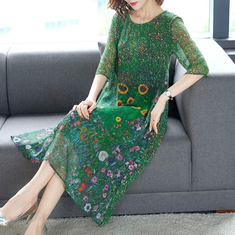 

2019 New Style WOMEN'S Dress Spring Clothing Floral-Print Silk Dress Three-quarter-length Sleeve Mid-length Mulberry Silk Skirt